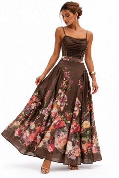 Conjunto Floral Cropped Drapeado + Saia Longa Evasê - comprar online