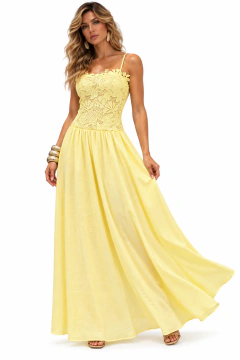 Vestido Longo de Renda Floral com Alças Finas e Saia Fluida