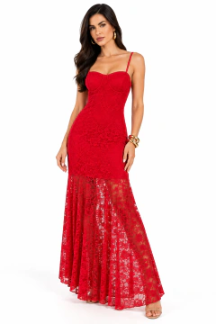 Vestido Longo Renda com Saia Transparente Mermaid