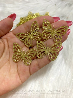 Borboleta em Lonita de Glitter Flocado - Dourado - Conjunto com 4 Unidades (2.9 x 3.4cm)