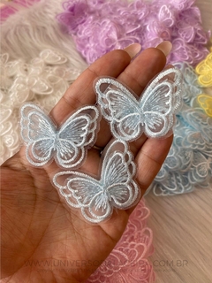 Borboleta de Renda Bordada Azul bebê dupla o par