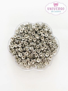 RONDELA STRASS ALUMÍNIO PRATA COM CRISTAL 6, 8 E 10MM 10 GRAMAS