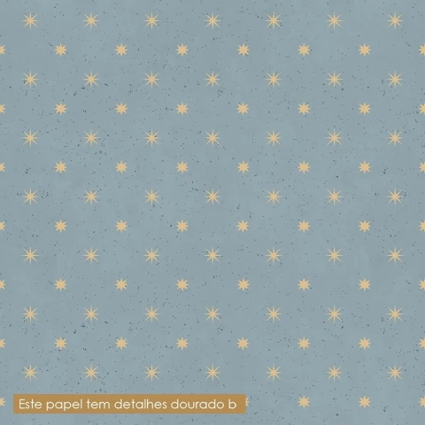 Papel de parede infantil tema Céu Pequeno Príncipe, fundo azul claro com estrelas douradas em padrão repetido.