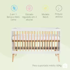 Berço Americano de Bebê 2 em 1 Linha Retrô Branco com Carvalho - CASA CAHAYA - Produção de móveis artesanais e sustentáveis em fibra natural
