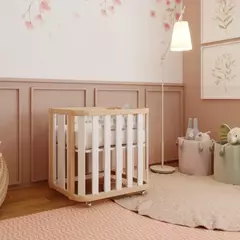 Imagem do Mini Berço com Colchão e Rodízios Loop Branco com Madeira