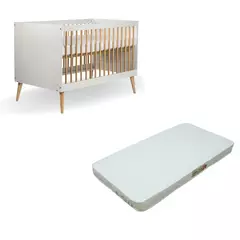 Berço Americano de Bebê 2 em 1 Linha Retrô Branco com Carvalho - CASA CAHAYA - Produção de móveis artesanais e sustentáveis em fibra natural