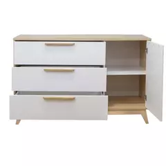 Cômoda Infantil Petit 3 gavetas e 1 porta Branco com Carvalho - CASA CAHAYA - Produção de móveis artesanais e sustentáveis em fibra natural
