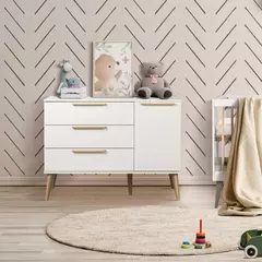 Imagem do Cômoda infantil 3 gavetas e 1 porta Retrô Branco com Carvalho