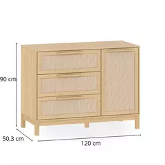Cômoda Infantil de MDF com Porta e 3 Gavetas - Linha Indy Quater, Detalhes em Rattan 120cm - CASA CAHAYA - Produção de móveis artesanais e sustentáveis em fibra natural