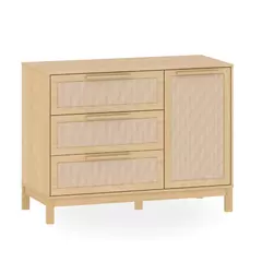 Cômoda Infantil de MDF com Porta e 3 Gavetas - Linha Indy Quater, Detalhes em Rattan 120cm