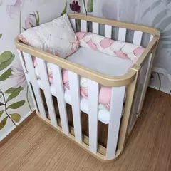 Mini Berço com Colchão e Rodízios Loop Branco com Madeira