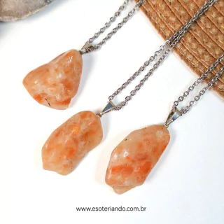 Colar de aço inoxidável com pingente de pedra do sol 100% natural - Pedra do sol Verdadeira - Qualidade extra