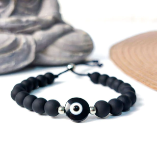 Pulseira Olho Grego Preta Ajustável com Esferas Emborrachadas 8mm