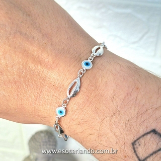 Pulseira olho grego com búzios - folheada á prata
