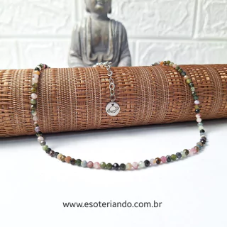 Choker multifacetada Turmalina Melancia 3mm - Pedra da amizade e do amor