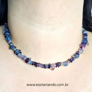 Choker de cascalho Fluorita em aço inoxidável 45cm + 5cm de extensor Qualidade Extra