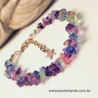 Pulseira ajustável Cascalho de Fluorita Arco-íris 15cm + 5cm de extensor