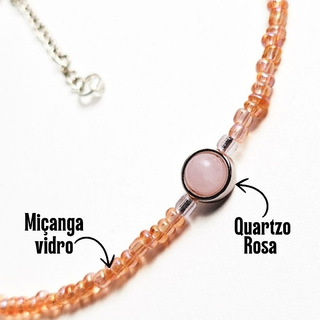 Choker de Miçanga com esfera de Quartzo rosa | 40cm + 5cm | Amor próprio e autoestima