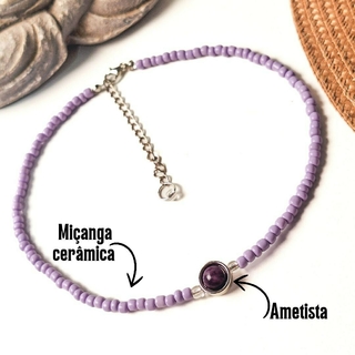 Choker de miçanga lilás com esfera de ametista | 40cm + 5cm | Transformação e sabedoria