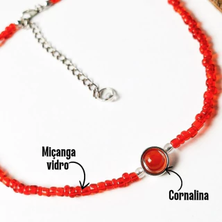 Choker de miçanga Vermelha e esfera de cornalina | 40cm + 5cm | Coragem e Vitalidade