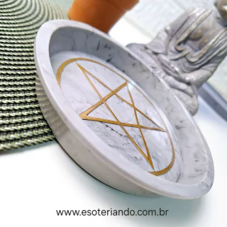Bandeja Porta Redondo Marmorizada Branco pentagrama - Em resina