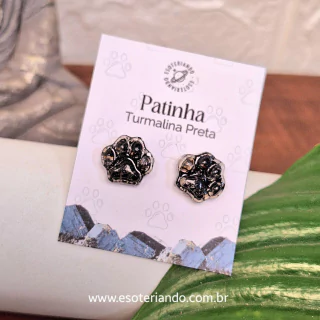Brinco Artesanal patinha de cristal e resina - Pedra Turmalina Negra