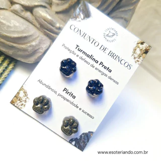 kit 2 pares de Brincos Artesanal Patinha de cristal e Resina - pedra pirita e pedra turmalina preta