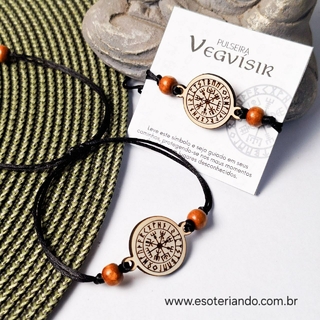 Pulseira Ajustável Vegvísir a bússola Viking em madeira - Guia do caminho