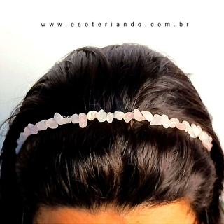 Tiara para cabelo de cascalho de pedras naturais - Quartzo rosa Amor e auto estima