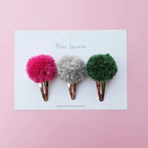 Trio de Pompons | tic tac | verde, pink e cinza