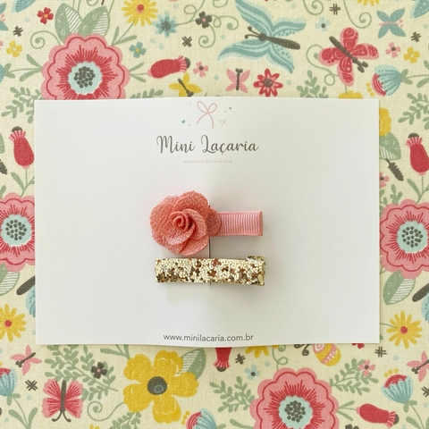 Dupla Flor e Brilho | rosa blush e dourado | P