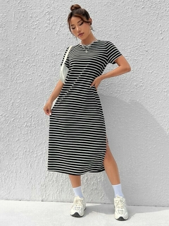 Vestido Feminina Listrado Com Coxa Dividida - K&K FASHION