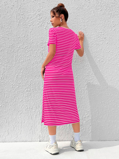 Vestido Feminina Listrado Com Coxa Dividida na internet