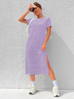 Vestido Feminina Listrado Com Coxa Dividida - K&K FASHION