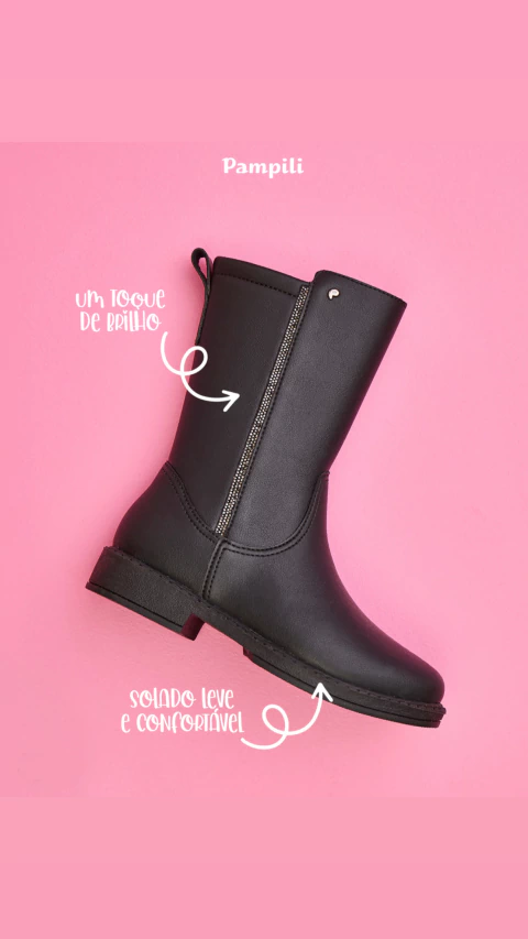 Bota Infantil Feminina Safira Montaria Cano Médio Preta Pampili