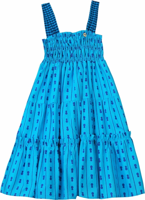 VESTIDO DETALHE ALÇA ESTAMPA ABACAXI FUNDO TURQUESA PRECOCE