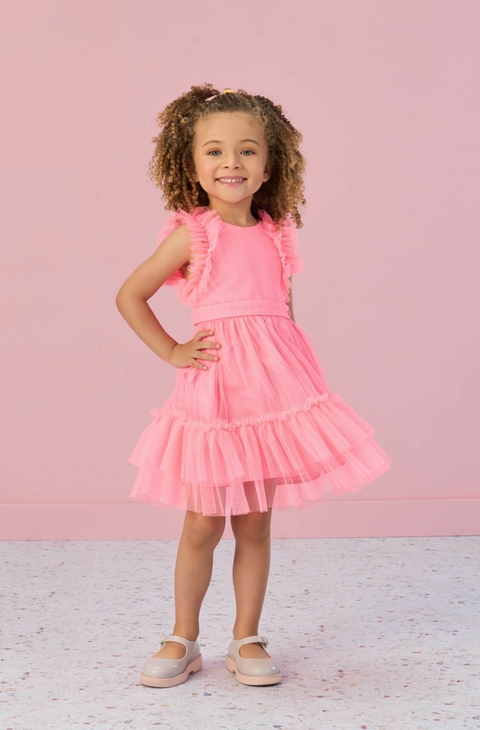 VESTIDO DE FESTA INFANTIL ROSA NEON MON SUCRÉ TULE BEBEL