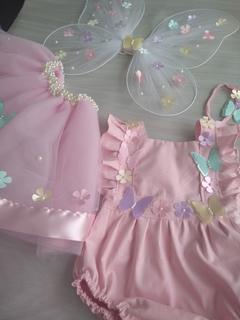 Kit Jardim das Borboletas - romper, saia e asa +faixa flores