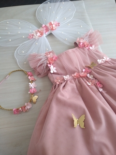 Kit Jardim Encantado rosé - Vestido, asa de borboleta e acessório de cabelo