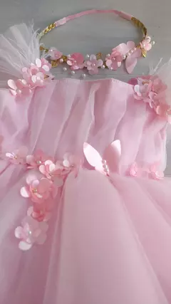 Kit Jardim Encantado rosa bebê - Vestido e acessório de cabelo e sapatinho - Flora Vestindo Sonhos