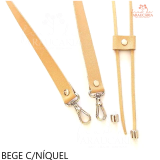 Kit Alça e Enforcador de Couro Legítimo para Bolsa Saco (Bege c/Níquel)