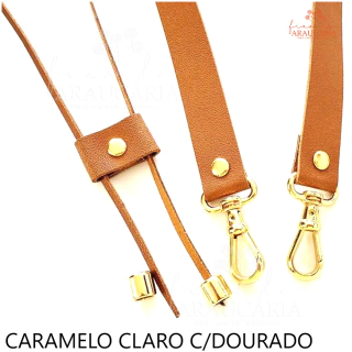 Kit Alça e Enforcador de Couro Legítimo para Bolsa Saco (Caramelo Claro c/Dourado)