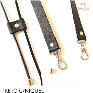 Kit Alça e Enforcador de Couro Legítimo para Bolsa Saco (Preto c/Níquel)