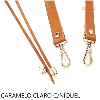 Kit Alça e Enforcador de Couro Legítimo para Bolsa Saco (Caramelo Claro c/Níquel)