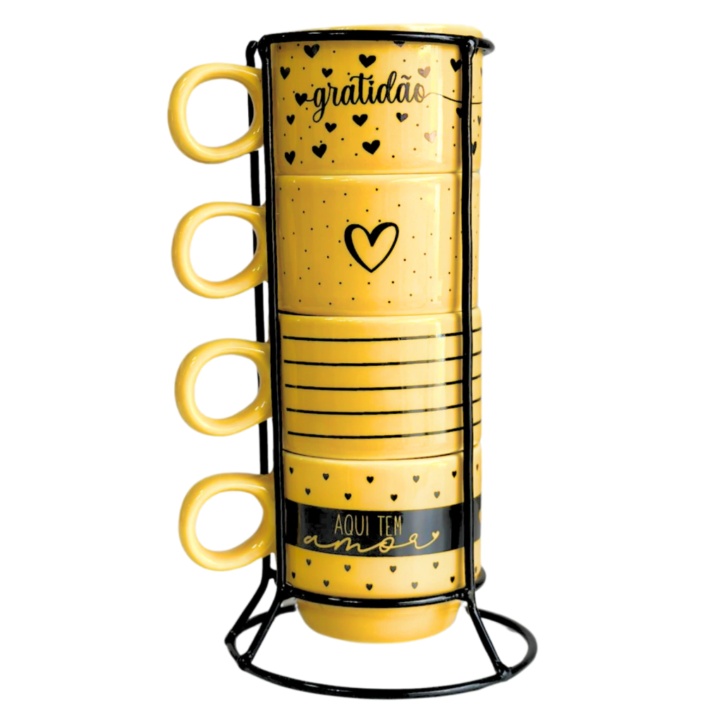 KIT 4 XÍCARAS EMPILHÁVEIS COM SUPORTE AMARELA