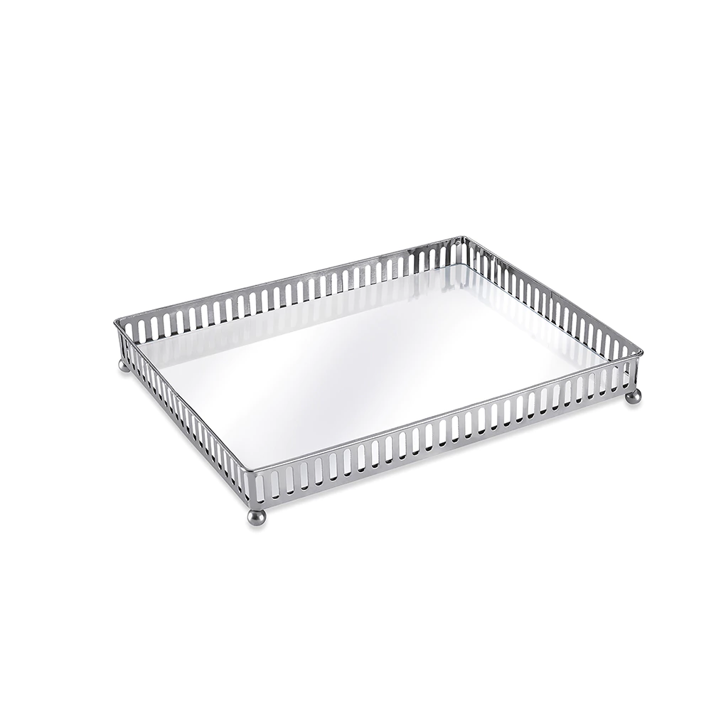 BANDEJA RETANGULAR EM METAL PRATA COM ESPELHO - M