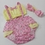 Conjunto suspensório com top com turbante unicórnio ♥ rosa e amarelo