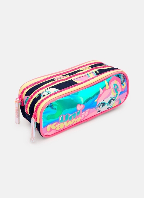Estojo Menina Triplo Holográfico Unicórnio Kawaii - Puket