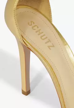 Sandália Gisele Salto Alto Couro Dourada