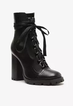 Bota Combat Salto Alto Sofia Tratorada Couro - LUAR